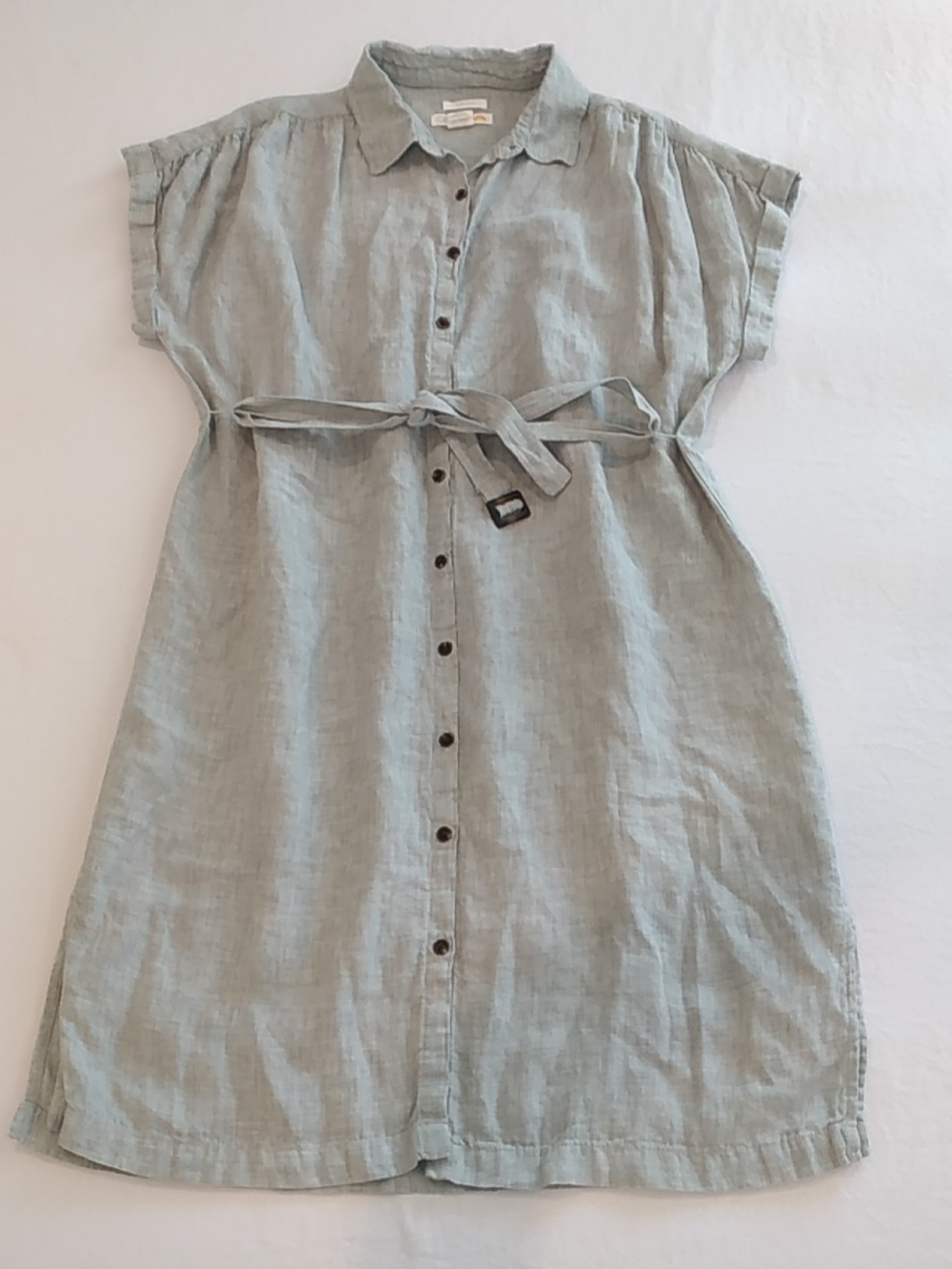 C&C California Sage Green 100% Linen Button-Front Midi Dress Waist Tie Coastal